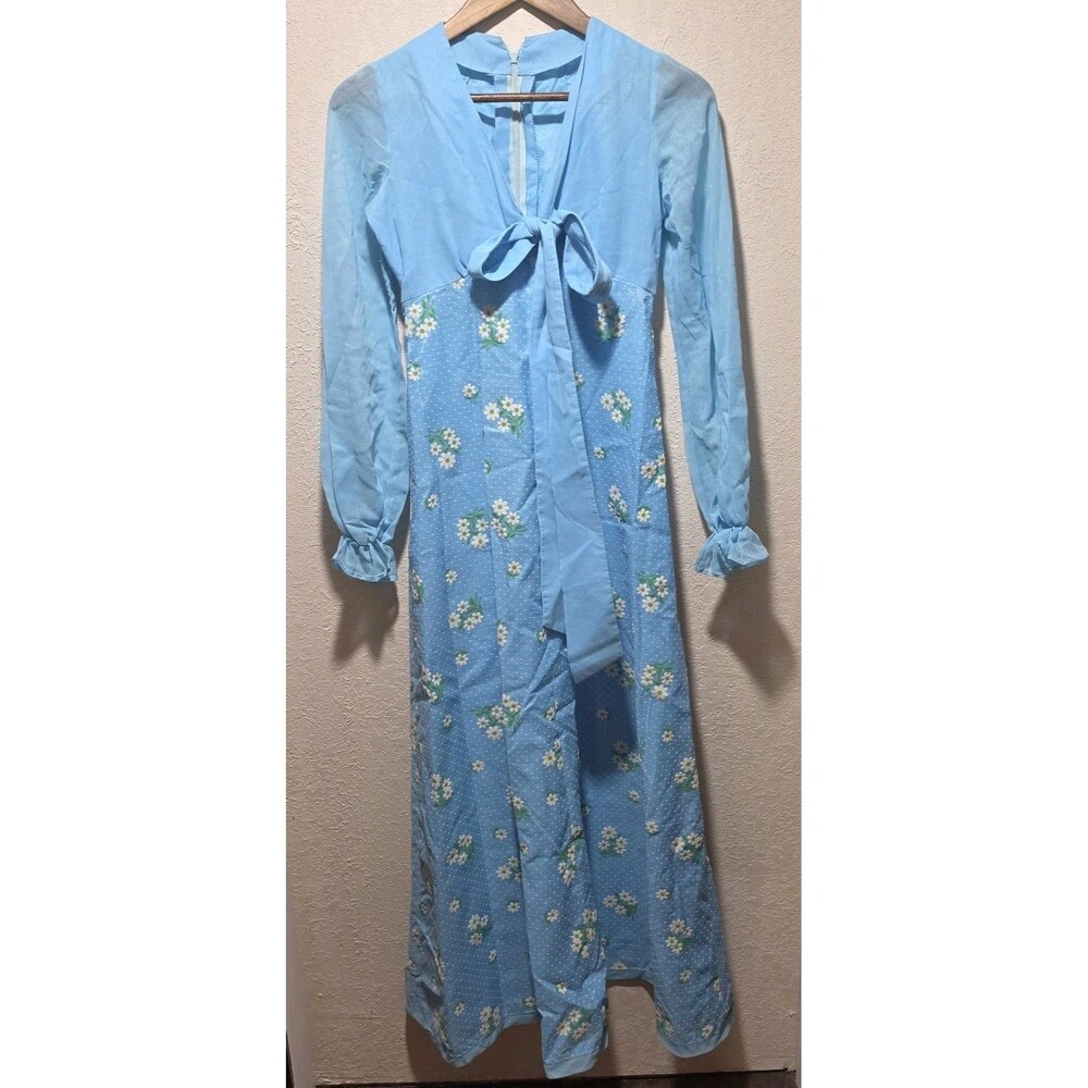 Vtg 70s Daisy Floral Swiss Dot Maxi Dress Cottagecore Prairie Hippie Boho Empire